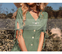 Vestido de verano de longitud media para mujer, vestido de color liso con cuello en V y manga corta - details 14