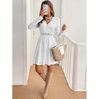Mini vestido de vacaciones con encaje de color sólido para mujer elegante con vestido de sol festoneado - details 7