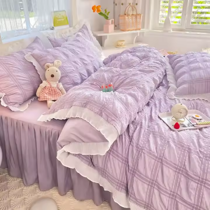 Conjunto de Cama de Princesa Rdovkxua Rufa de Algodón Sólido, Funda de Cojín de Rey y Reina, Falda de Cama con Volantes para Mujeres - 1