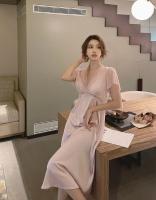 Ropa de dormir Sexy de encaje de seda helada para mujer, camisón de boda rojo de manga corta con cuello en V y almohadilla para el pecho, chino anual de verano - details 22