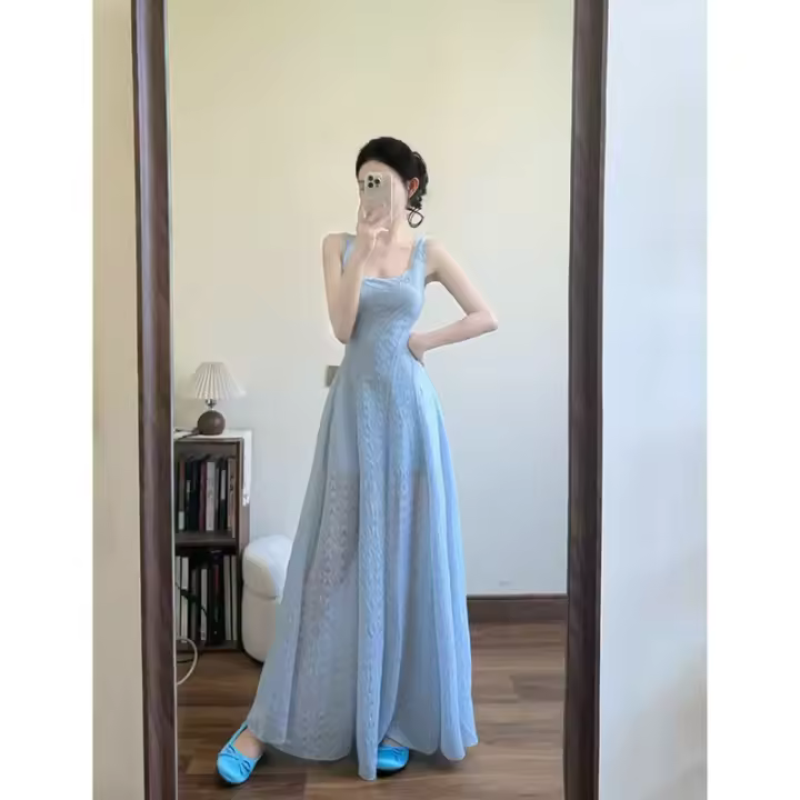 Vestido camisola azul minimalista para mujer, ceñido a la cintura y vestido largo francés con licencia para vacaciones en la playa, nuevo estilo - 1