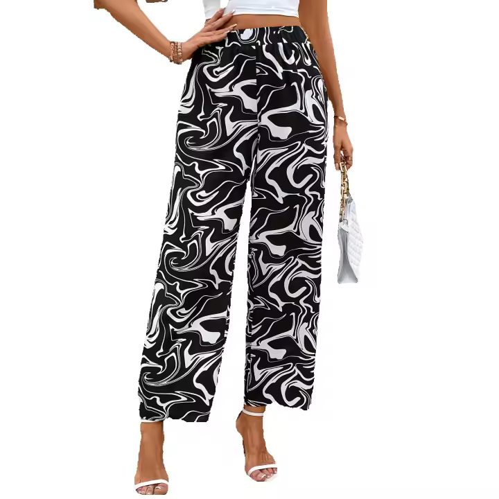 Pantalón elástico de cintura alta drapeado casual mármol estampado pantalones rectos mujer - 1