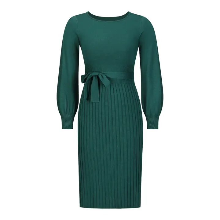 Vestido plisado de manga farol para mujer, estilo urbano, forma adelgazante, verde negruzco S - 1