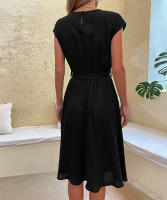 Vestido plisado elegante para mujer, manga corta con cinturilla, verde negruzco S, Verano - details 28