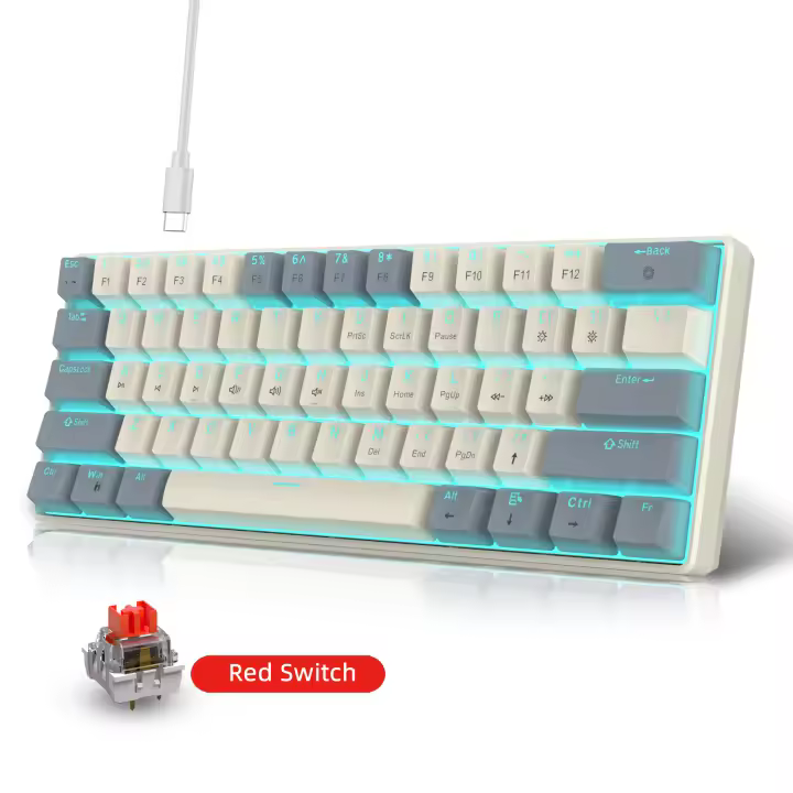 Miniteclado mecánico para juegos, teclado de 61 teclas, 2 colores, RGB, retroiluminado, interruptor rojo, tipo C, para PC, escritorio, portátil, Gamer - 1