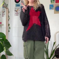 Suéteres de punto calados de gran tamaño para mujer, ropa de calle Grunge Harajuku, Jersey holgado de manga larga con cuello redondo, jerséis informales - details 1
