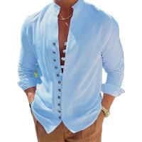 Camisa de algodón y lino de primavera y otoño, camisa de manga larga para hombre, color sólido, abotonada, estilo casual, tallas grandes - details 0