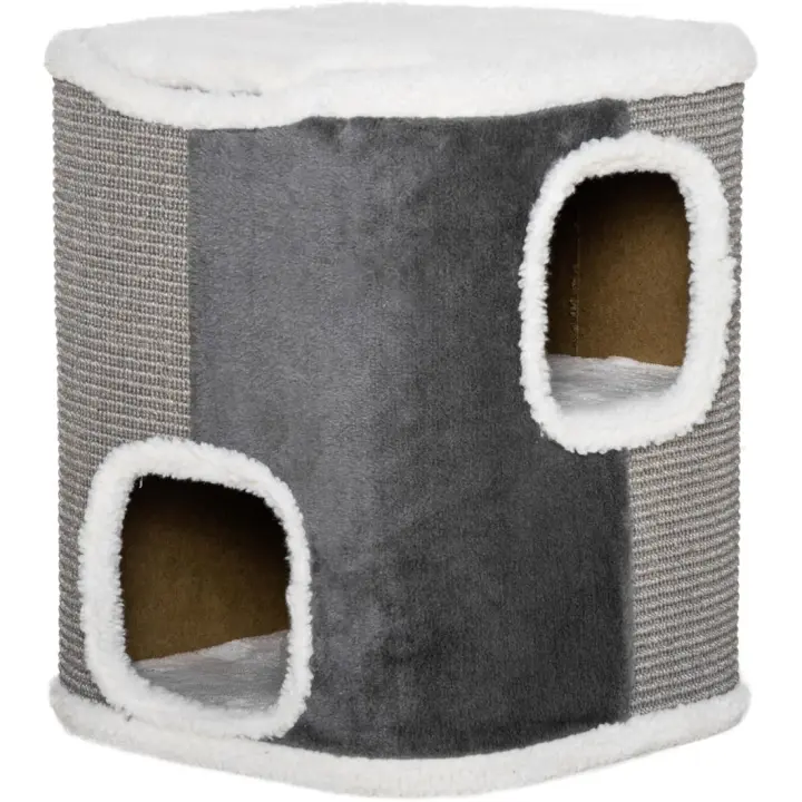 Barril Rascador para Gatos 74cm de Altura Tonel de Escalada con 3 Cuevas de Sisal y Plataforma de Lana 40x40x74cm Gris - 1