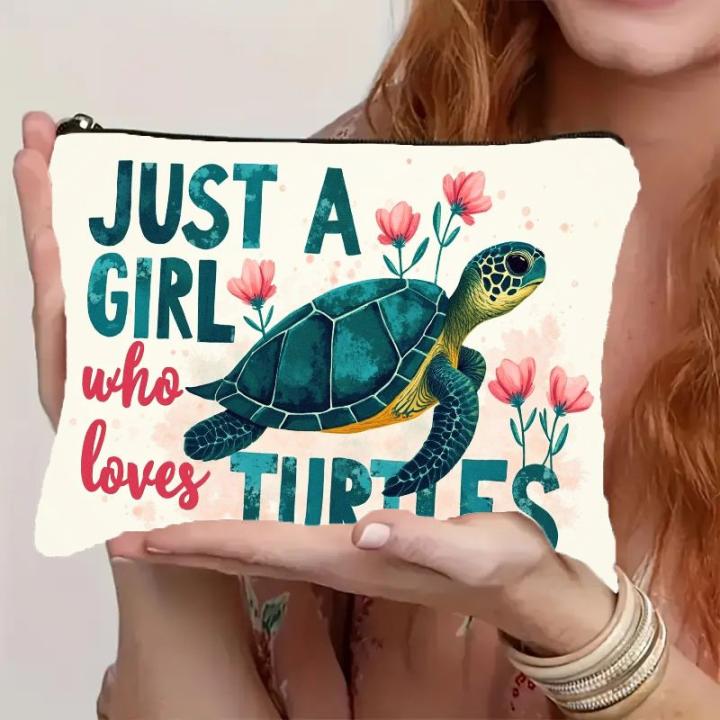 Bolsa de cosméticos con estampado gráfico 2D, linda bolsa de regalo para amantes de las tortugas con cierre de cremallera, organizador de maquillaje ligero, resistente a la decoloración y plegable para mujeres, bolsa de aseo portátil para familiares y ami