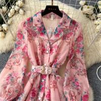 Vestido corto con estampado de wer para mujer, moda de primavera 2024, manga larga acampanada, botones de perlas con muescas, Mini Vestidos de fiesta con cinturón - details 13