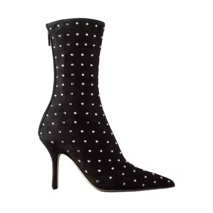 Logo invierno negro lujo tacones altos zapatos diamante puntiagudos botines mujeres - 1