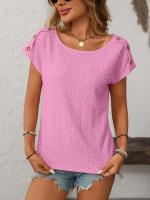Camiseta de manga corta con botones y cuello redondo para mujer, Top hueco, Color sólido, novedad de primavera y verano 2025 - details 10