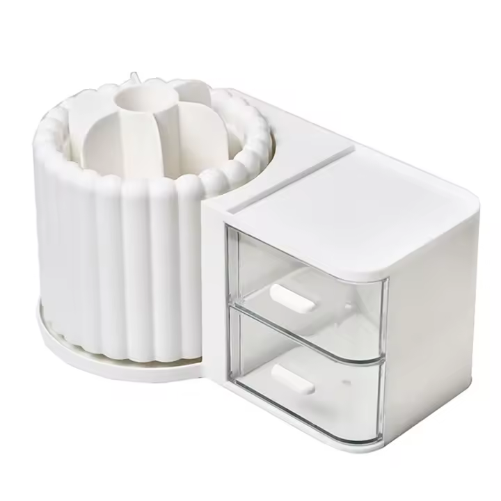 Organizador de brochas de maquillaje con 2 cajones, encimera giratoria de 360 °, vitrina de capacidad, color blanco - 1