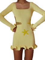 Mini vestido de manga larga para mujer de principios de otoño, cuello cuadrado, purpurina, estrella de mar, dobladillo con volantes, prendas de punto, vestido ajustado, vestidos de trabajo informales - details 0