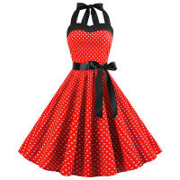 Vintage Women Summer Polka Dot Print Halter Party Dresses - details 16