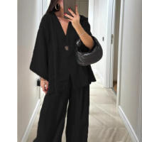 Nuevo conjunto casual de moda transfronterizo para mujer, top holgado con cuello en V y pantalones de pierna ancha - details 3