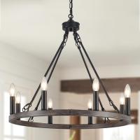 Lámpara de araña negro 8 Luces Lamparas De Techo Salon Lamparas de araña estilo vela con rueda de carro, lámparas rusticas Vintage lámpara colgante para comedor porche cocina dormitorio - details 0