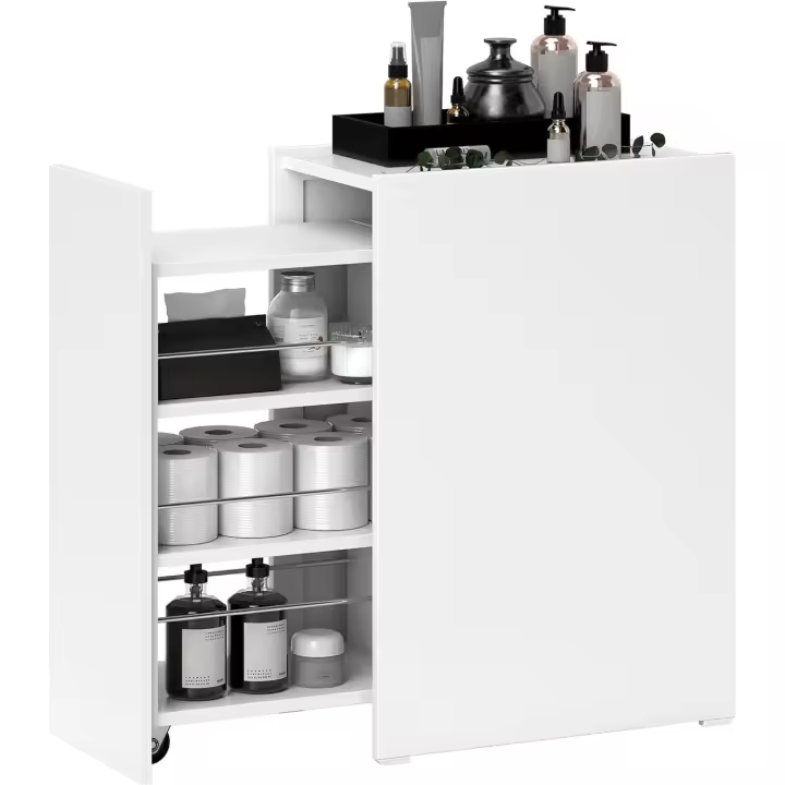 Armario de baño estrecho con cajón deslizante y ruedas, mueble de baño con 3 compartimentos, mueble auxiliar para espacios pequeños, 47x30x66,5 cm, blanco - 1