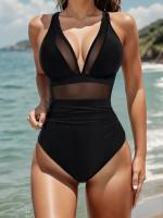 Bañador negro de una pieza para mujer, traje de baño de realce con Control de barriga, Tankini de una pieza - details 1