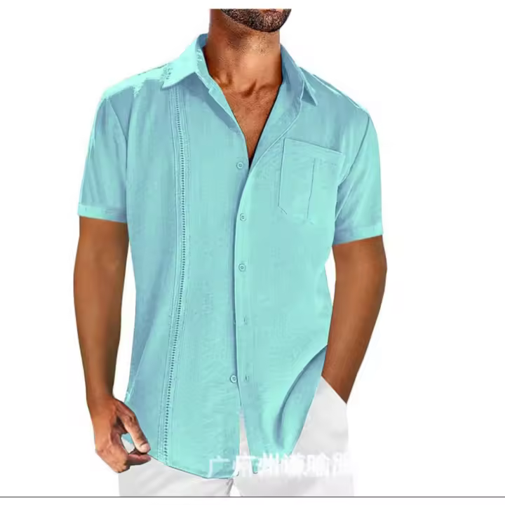Camisa de algodón y lino de manga corta para hombre, casual, de color sólido, con encaje, de Mov Summer. - 1