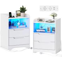 Mesitas de Noche con luces LED y Estación de Carga (2 Tomas AC, 2 Puertos USB) Mesita de Noche Blanca Mesas Auxiliares con 1 compartimento abierto y 2 cajones para Dormitorio Salón - details 0