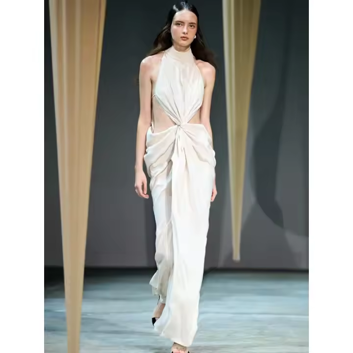 Primavera nicho diseño de alta dama puro deseo colgar cuello flaco francés calado retorcido shell fuga cintura vestido - 1