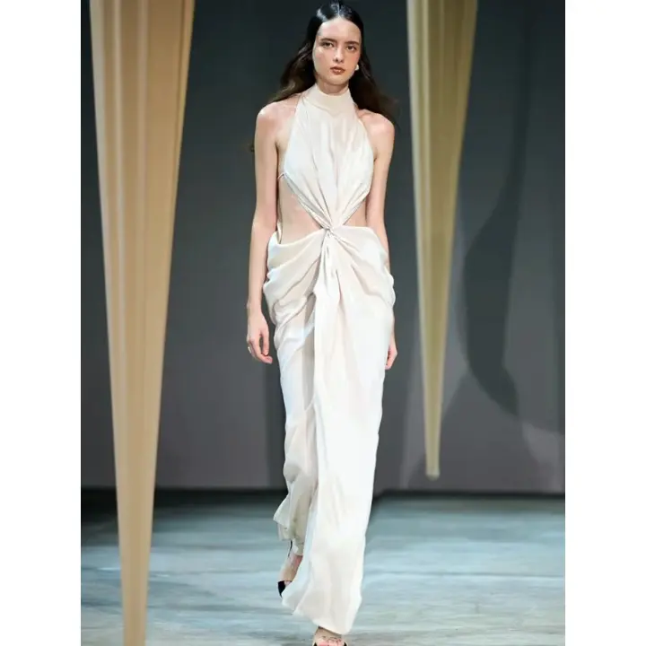Primavera nicho diseño de alta dama puro deseo colgar cuello flaco francés calado retorcido shell fuga cintura vestido - 1
