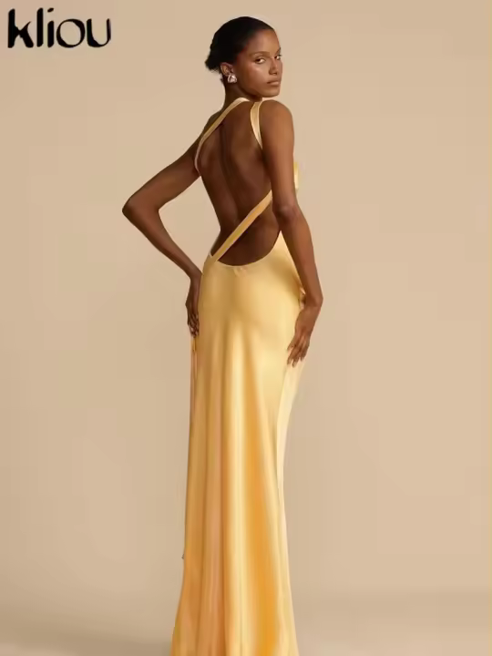 Vestido largo de seda elegante para mujer, sin mangas, sin espalda, sin hombros - 1