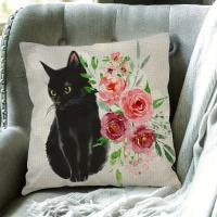 1 Funda De Cojín Cuadrada De Lino Y Algodón Con Diseño De Gato Negro Y Flores De Acuarela (18,0X18,0 pulgadas) - details 3