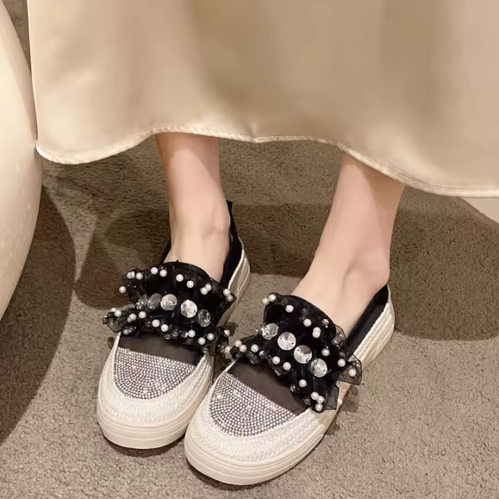 Zapatos individuales de malla con diamantes de imitación de encaje, zapatos transpirables de suela gruesa para mujer, versátiles y fragantes - 1