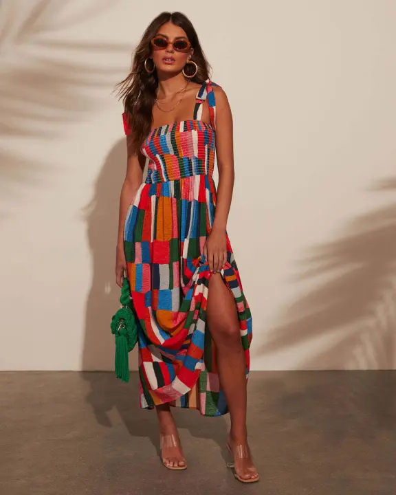 2025 nuevo estilo de vacaciones vestido de longitud media bloqueado con cordones sin mangas estampado - 1