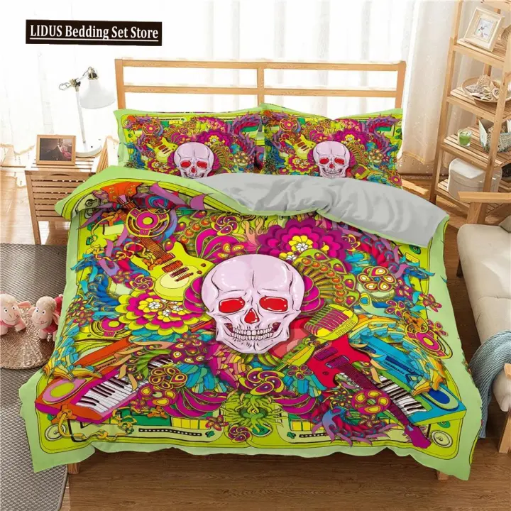 Funda nórdica King Queen con calavera de azúcar, juego de cama de coche azul con esqueleto de dibujos animados para adolescentes y adultos, funda de edredón para el Día de los muertos de Halloween - 1
