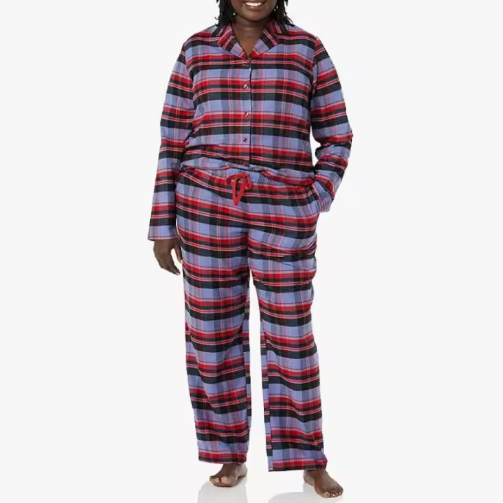 MoFiz Pijamas Mujer Algodón Cuadros Manga Larga con Traje Dos Piezas Casual Ropa de Casa Dormir con Botones - 1