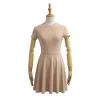 Vestido básico de manga corta de color sólido ajustado de estilo europeo y americano para mujer con cintura y cuello medio alto delgado Empalme de una palabra falda de swing grande - details 2