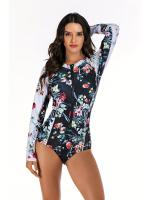 Traje de baño de una pieza con estampado floral de manga larga, traje de buceo con cierre frontal con cremallera y cuello alto - details 3