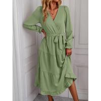Vestido elegante de color sólido con cuello en V para mujer de manga larga - details 7