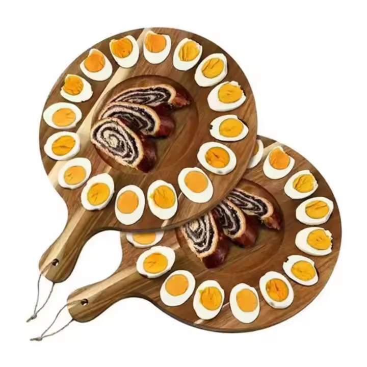 Bandeja duradera de doble cara para servir huevos, 24 rejillas, artesanía de madera, bandeja de huevos de madera con mango, plato de cocina para comida y desayuno - 1