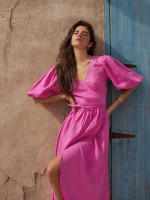 Novedad de verano, corte en V de algodón puro, cintura con abertura, diseño ceñido, línea A, Dre para mujer - details 31