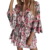 Elegante Vestido de Fiesta Impreso para Damas Cuello en V, Manga Corta con Volantes, Corte A-línea, Dulce y Elegante de Verano - details 1