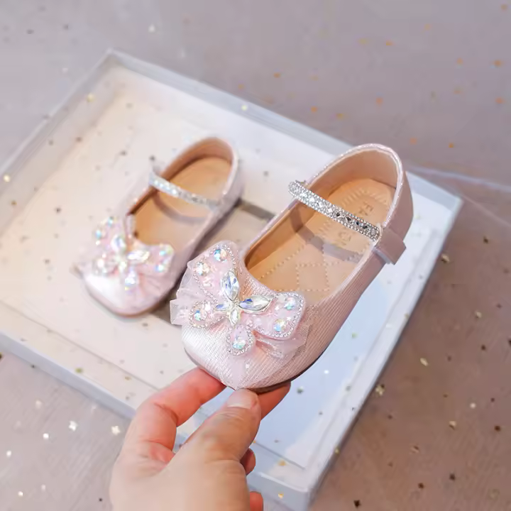Zapatos casuales con pajarita de cuero para niña, princesa de cristal, dulces, únicos, planos y suaves para fiestas - 1