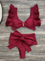 Conjunto de bikini con escote en V y volantes, traje de baño de dos piezas con cintura alta y corte alto en color sólido - details 3