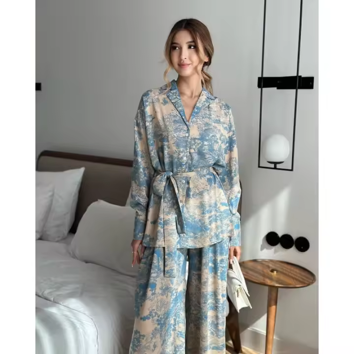 Moda Francesa de Manga Larga Camisa de Cintura Alta Pantalones de Pierna Ancha Traje de Mujer - 1