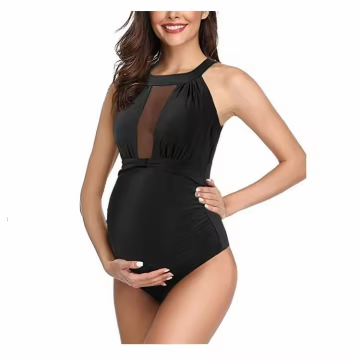 Traje de baño de una pieza de color sólido para mujeres embarazadas, Tankini de vientre de arrastre plisado ensanchado y agrandado - 1
