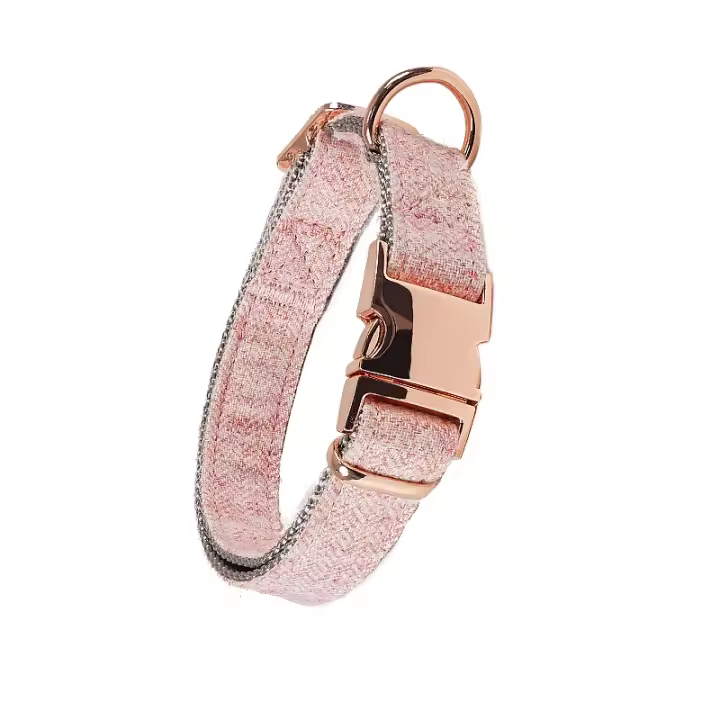 Collar para mascotas de tela de sarga con hebilla de oro rosa, varios colores y tamaños disponibles, estilo elegante - 1