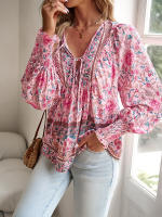 Camisa y blusa Floral rosa para mujer, Top suelto de manga larga, ropa de calle, atuendo de oficina, ropa femenina para mujer, otoño y primavera - details 5