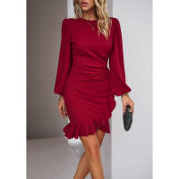Mini vestido ajustado de manga larga para mujer Manga plisada Dobladillo con volantes Vestido de oficina - details 10