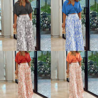 Women casual 2 pieces set elegant v neck short sleeve tops and print wide leg pants - details 1