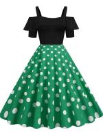 Vestido de fiesta Vintage elegante con hombros descubiertos, vestidos Midi de línea A con volantes y lunares de verano para mujer - details 0