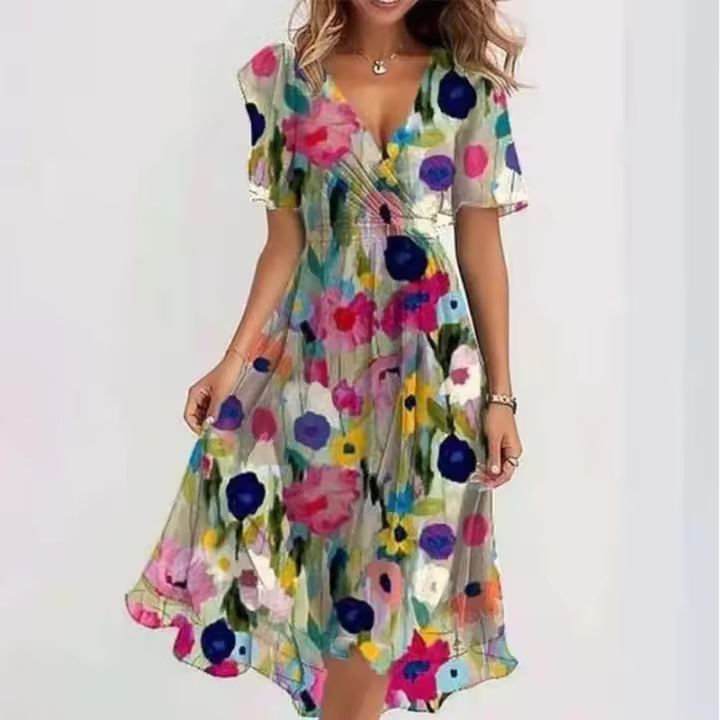 Vestido Largo hasta la rodilla estampado Elega y a la Moda para Mujer, novedad de 2025, Vestido Holgado informal con Cuello en V, Nuevo estampado Floral, Bata para Mujer - 1