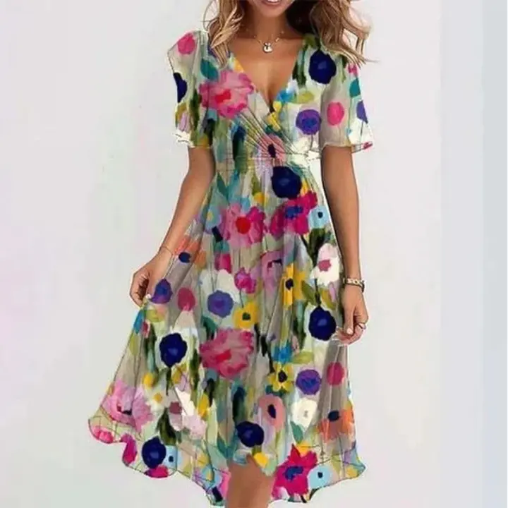 Vestido Largo hasta la rodilla estampado Elega y a la Moda para Mujer, novedad de 2025, Vestido Holgado informal con Cuello en V, Nuevo estampado Floral, Bata para Mujer - 1